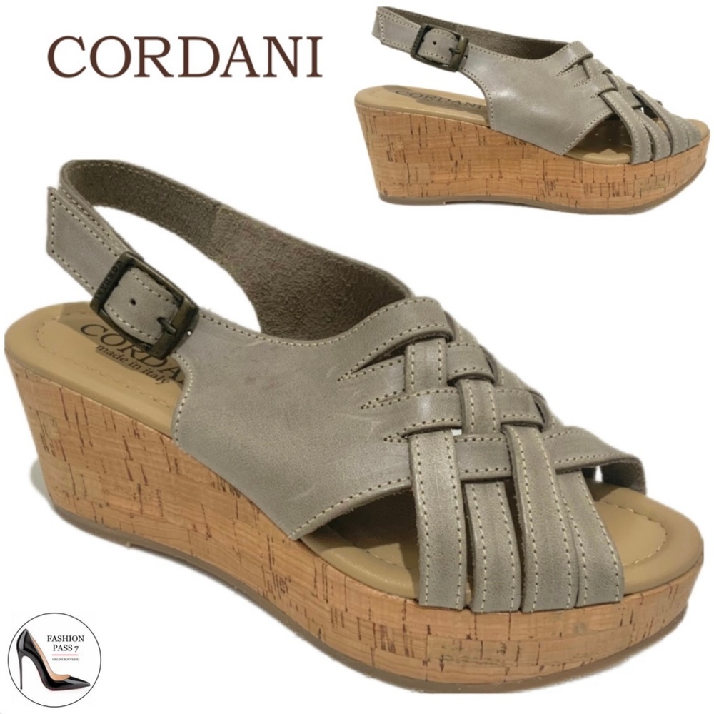 Cordani Dora Gray Tan Leather Cork Platform Wedge Heels Slingback Sandal Pump 37